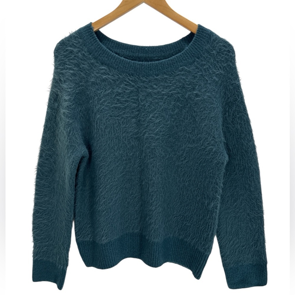 Lou & Grey Teal Fuzzy Eyelash Knit Sweater Soft Crew Neck Cozy Pullover M - Picture 3 of 8